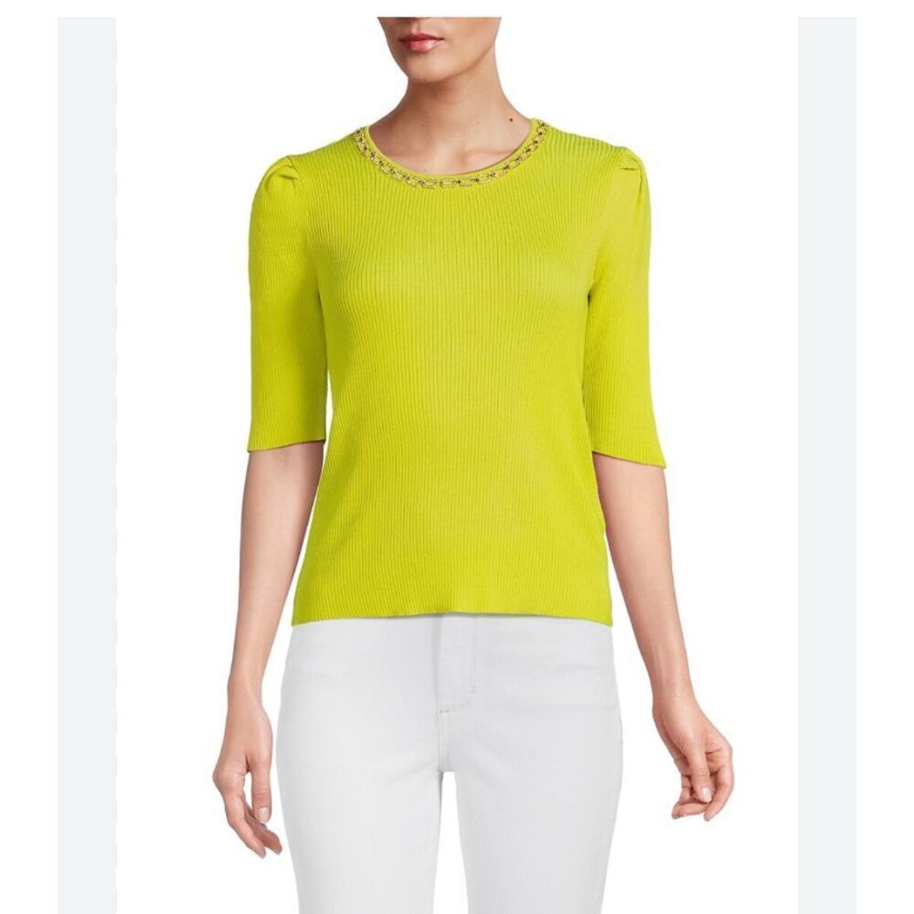 Nanette Lepore Jeweled Neckline Half sleeve Ribbed Sweater Size XL